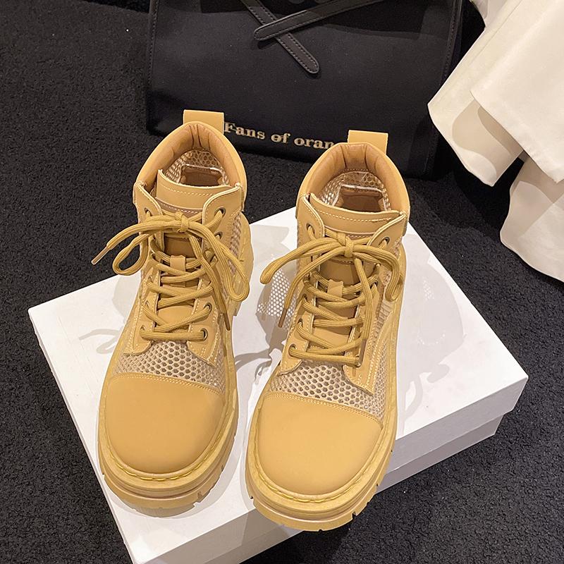 Ботильоны из дышащей сетки для женщин, модные желтые повседневные туфли на молнии со шнуровкой, женские ботинки на плоской платформе