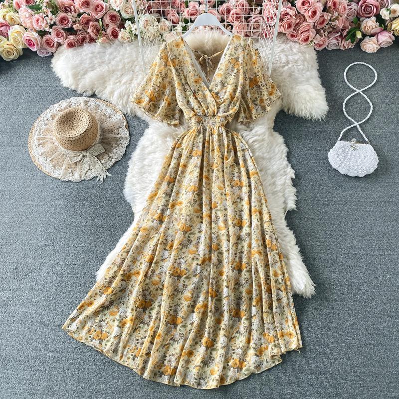 Женские летние сексуальные пляжные платья с v-образным вырезом на талии и длинными шифоновыми цветочными платьями