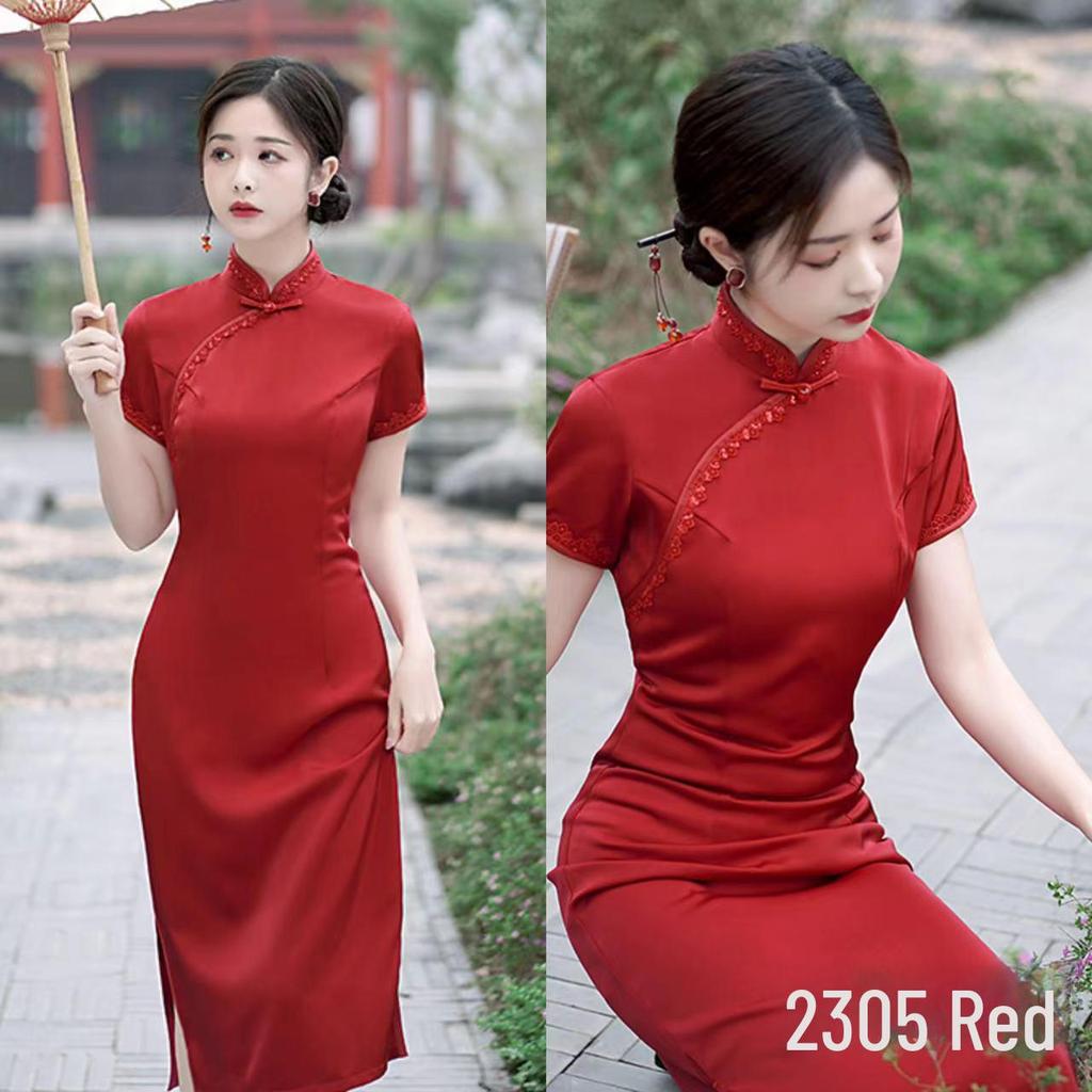 Elegant Slim Cheongsam Dress In Thickened Imitation Silk with Heavy Acetic Acid Satin – Red, Black, Green for Daily or Bridal Wear