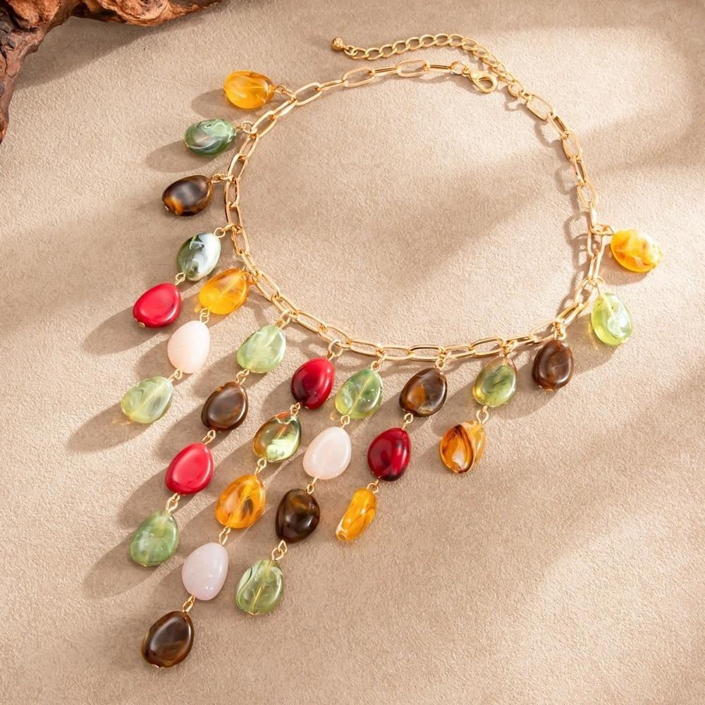 Multicolor Tassel Pendant Necklace Metal Chain Statement Drop Necklace Beach Party
