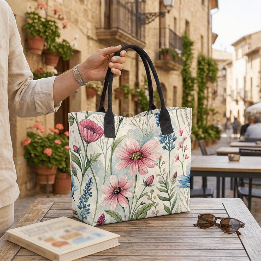 Floral Print Canvas Tote Bag Large Capacity Shoulder Bag for Daily Shopping Travel Handbag