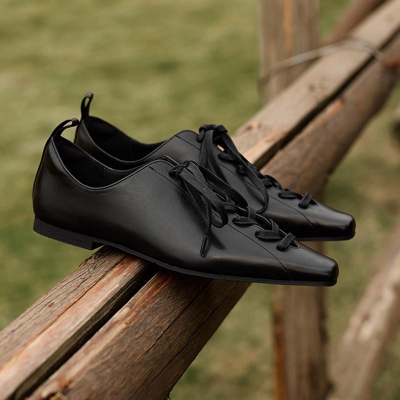 Мода 2025 Горячая Распродажа Модные Туфли-лодочки из Натуральной Кожи на Низком Каблуке на Шнуровке Женские Повседневные Балетки для Ежедневной Ходьбы Молодежные Повседневные Весенне-Осенние Черные Туфли