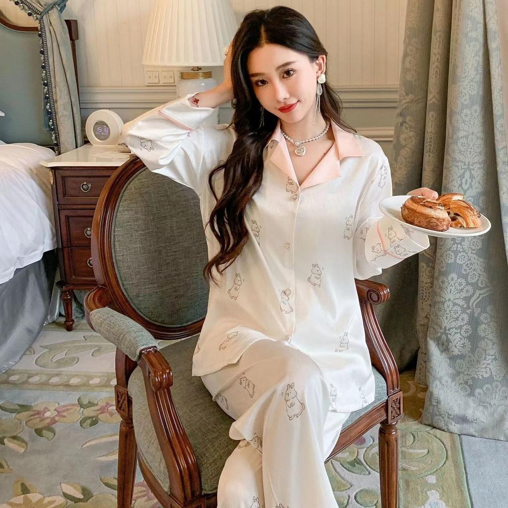 Элегантная женская пижама с рисунком кролика из мультфильма, модная одежда для сна, новый осенний комплект для дома с длинными рукавами