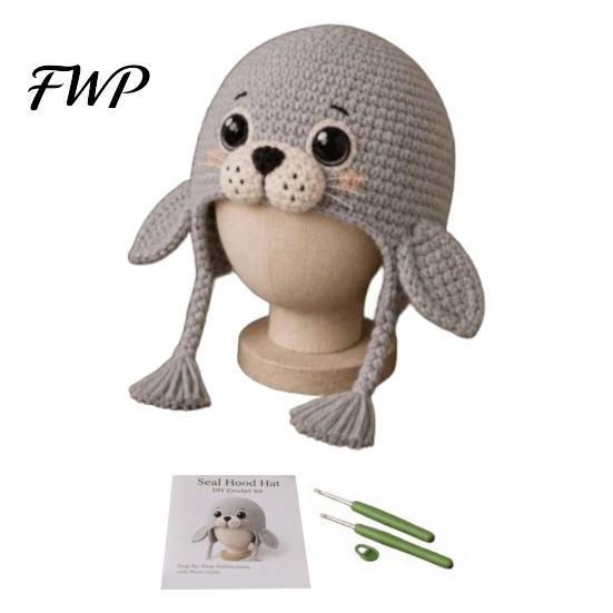DIY Craft Project for Kids Animal Hood Hat Crochet Kit, Earflap Gift Enthusiasts Cute Kit Beginners, Handmade Winter Headwear Complete Yarn Set