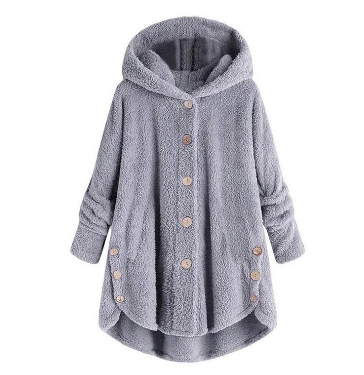 Women's Coat Button Plush Solid Color Hooded Jacket
