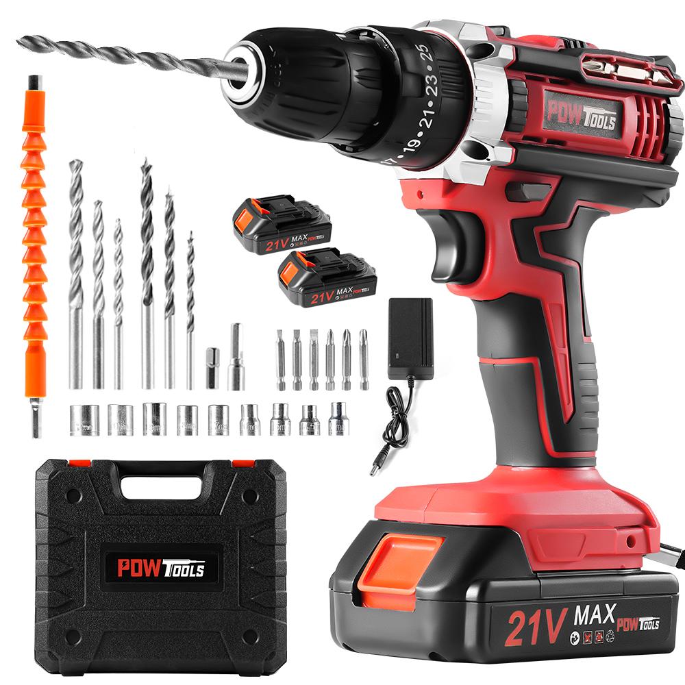 Электрические дрели POWTOOLS - 21В - 2 аккумулятора Литиевых + 24 аксессуара + Зарядное устройство
