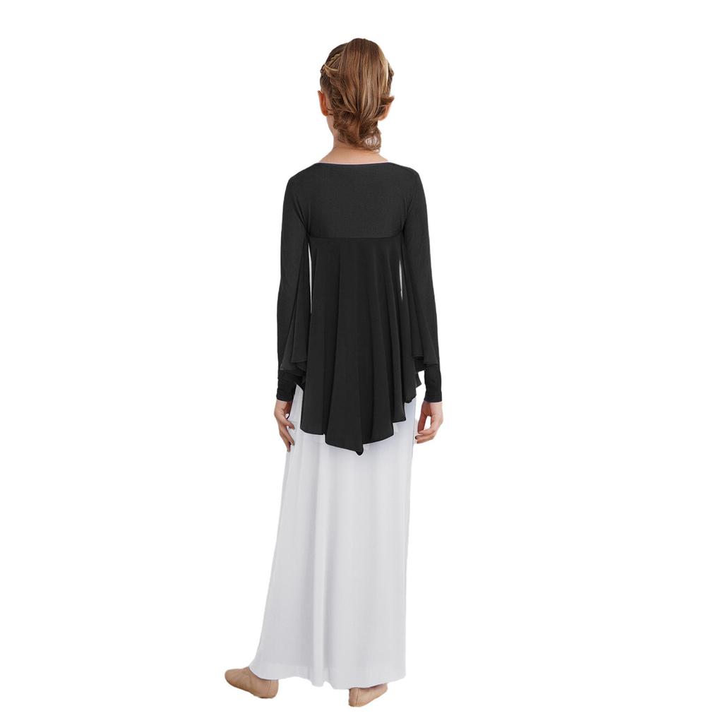 Топ для выступлений для девочек, стиль с открытой передней частью, неровный подол, болеро с крыльями ангела, соревновательный наряд