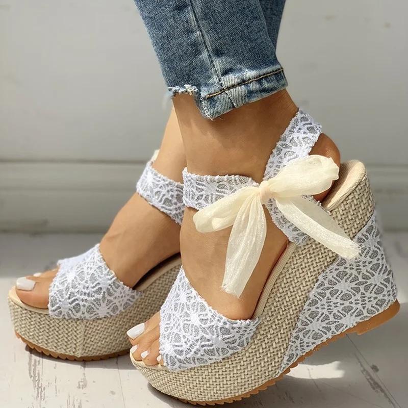 Модные INS Hot Lace Leisure Womens Wedges Heeled Women Shoes 2024 Summer Sandals Party Platform High Heeled Shoes Woman