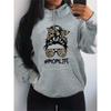 Stylish Women's Beige Hoodie with Leopard Fashion Glasses Print Casual Loose-Fit Polyester Sweatshirt MomLife Graphic