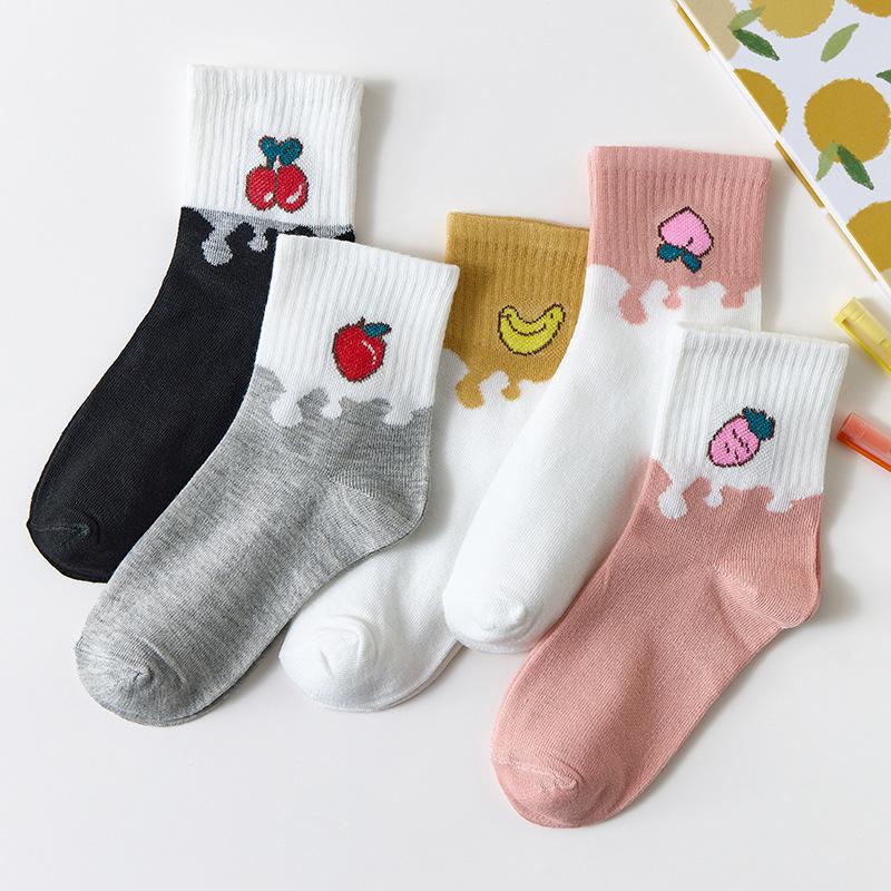 5Pairs Women Cotton Socks Cute Print Princess Two-dimensional Fashion Socks Striped Plaid Ladies Spring Summer Socks