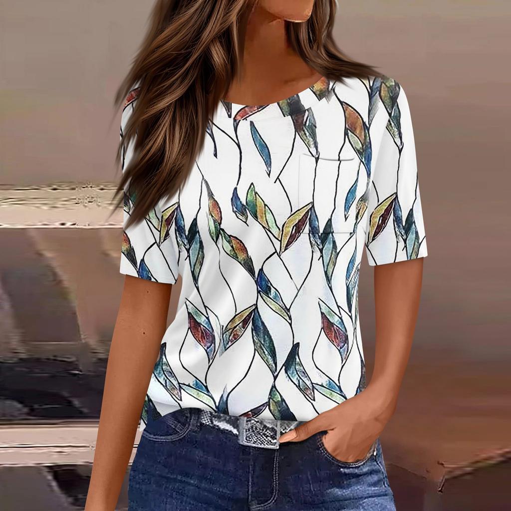 Футболки для женщин, плиссированные, с круглым вырезом, нарядные, повседневные, блузки с принтом, с коротким рукавом, летние топы, свободный крой