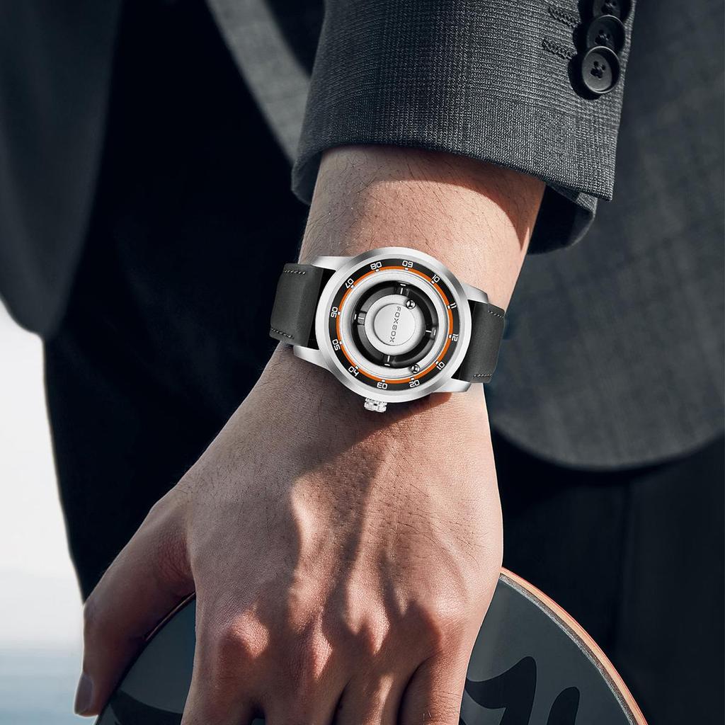 FOXBOX Magnetic Driven Watch Fashion Waterproof Quartz Wristwatch Rolling Steel Ball Pointer Sports Watches