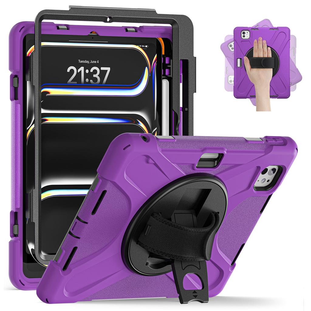 For iPad Pro 11 (2025)/11 (2024) Case Rotary Kickstand PC+Silicone Hand Strap Tablet Cover