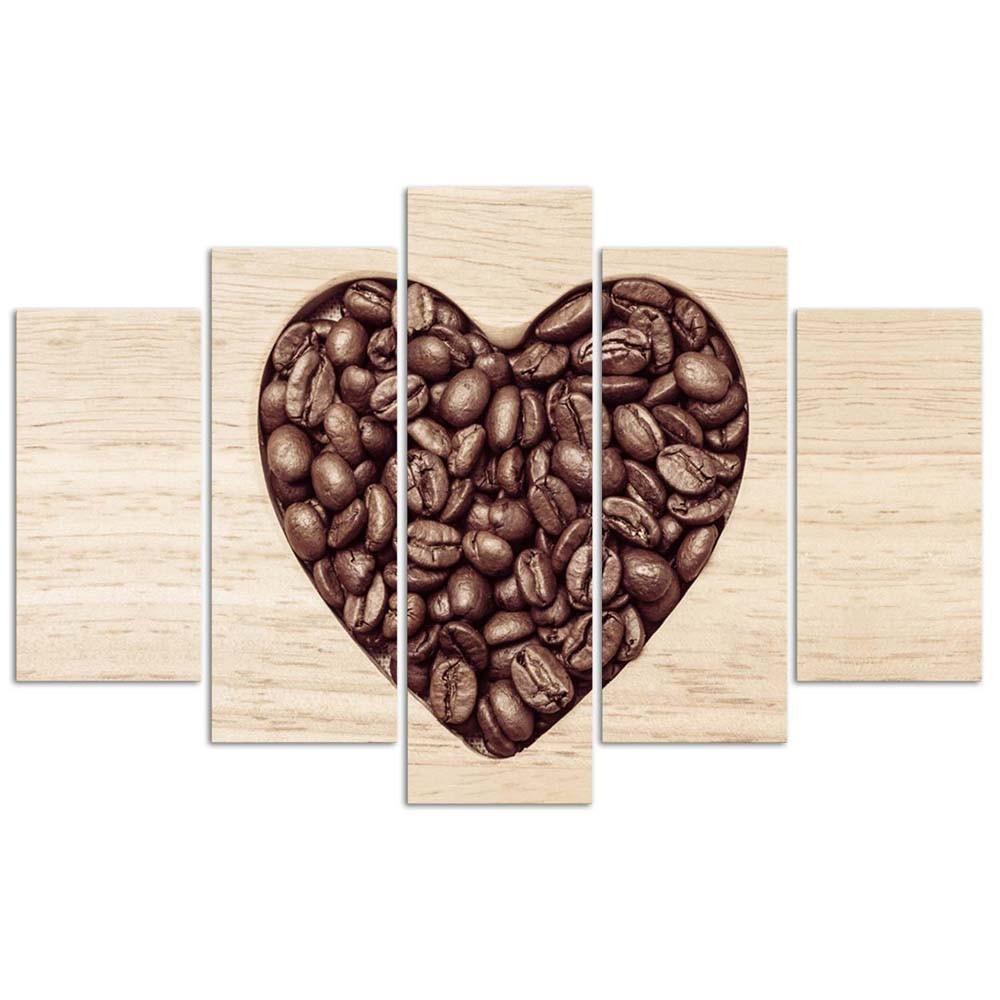 Feeby Five piece picture canvas print, Coffee bean heart