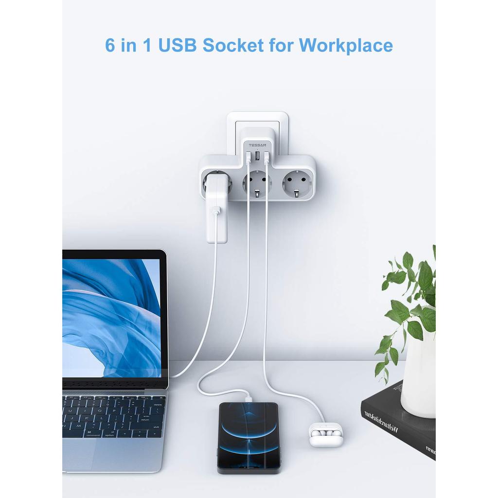 Tessan Несколько настенных розеток с 3 розетками переменного тока и 3 портами USB, USB-адаптером 6 в 1 с защитой от перегрузки для смартфона, планшета