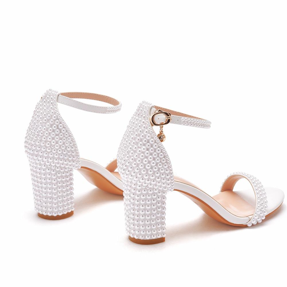 7cm Thick Heel Shallow Mouth One-strip Sandals Round Toe Square Root Thick Heel Sandals White Pearl Sandals Bridal Wedding Shoes