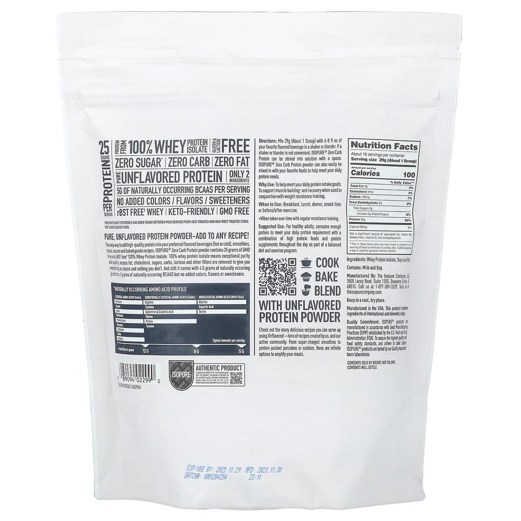 Isopure, Zero Carb Protein Powder, Unflavored, 1 lb (454 g)