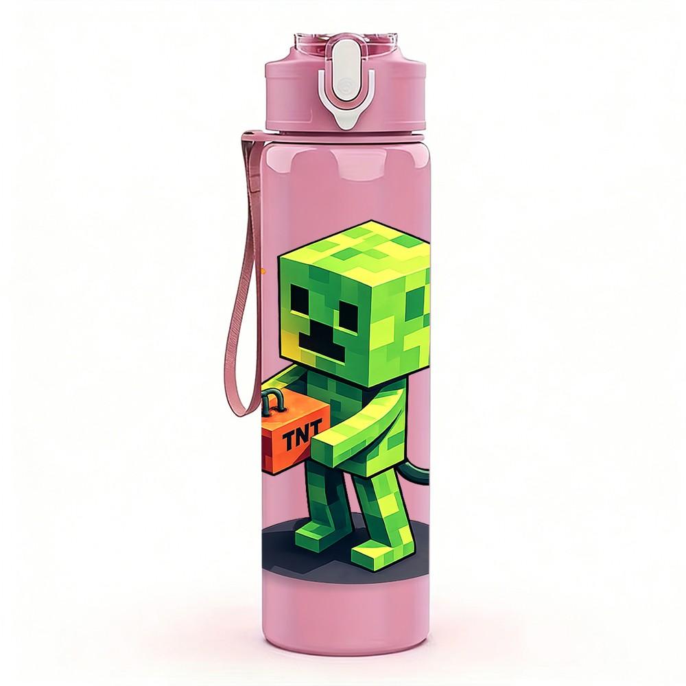 1PC Green Creeper Block Game Character Print 750ml Color Plastic Sports Water Bottle Leakproof Flip Straw Lid Suitable for Sports Office Home Use