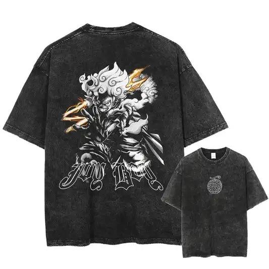 Japan Hot-blooded Anime One Piece Luffy Graphic Print T-Shirt Men Women Vintage Washed Cotton Summer New Tee Streetwear Y2K Fashion Oversized Top