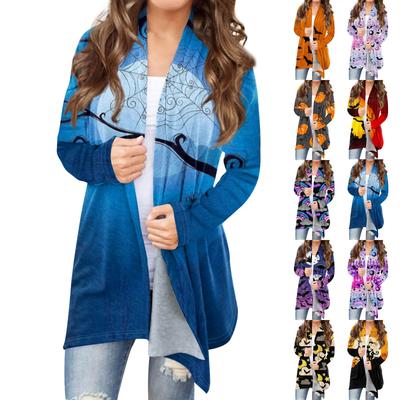 Женская мода повседневная куртка-кардиган средней длины с принтом на Хэллоуин