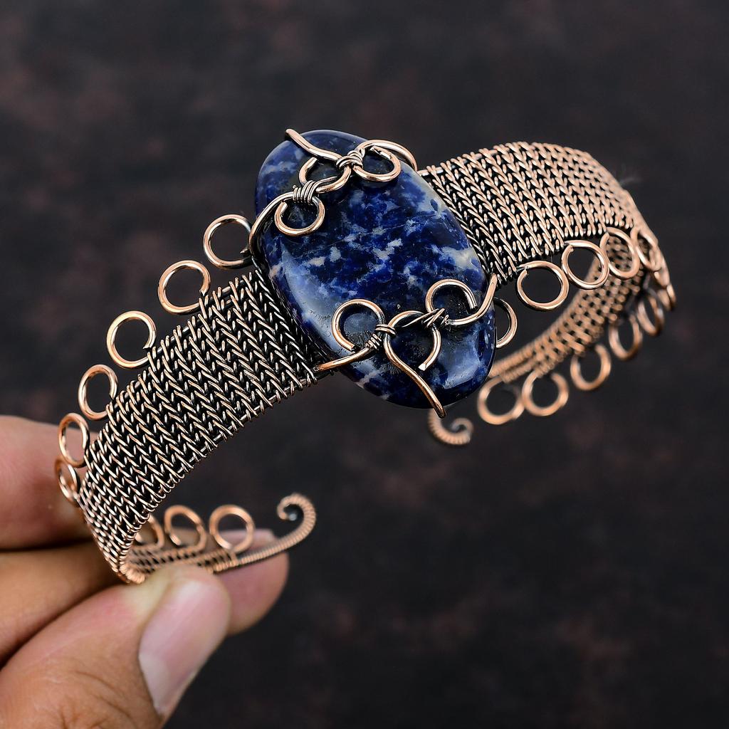 Sodalite Cuff Bracelet Copper Wire Wrapped Adjustable Bangle Gemstone Cuff Bracelet Handmade Bangle Copper Designer Jewelry Anniversary Gift