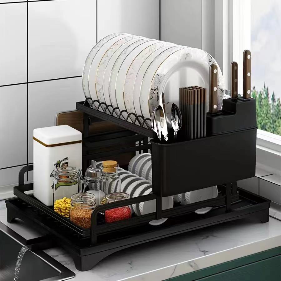 2 Tier Dish Rack with Drainboard Kitchen Dish Bowl Drainer Storage Rack Countertop Dinnerware Organizer Knife Fork Cup Holder