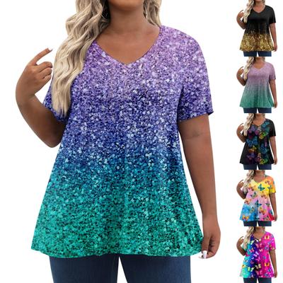 Женские топы больших размеров, шорты с рукавами, рубашки с V-образным вырезом, повседневная одежда, топы с принтами