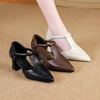 Туфли-лодочки на высоком каблуке, полые, осенние новинки, с острым носком, с мелким вырезом, на ремешке, нескользящие, износостойкие, на блочном каблуке