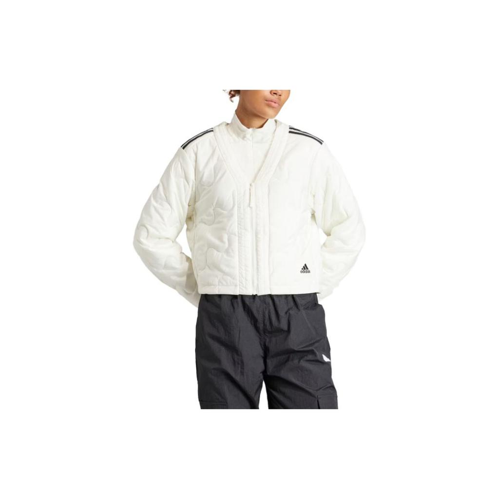 Adidas Куртка Nuganic Crop Light Insulation, однотонная, с застежкой-молнией, V-образным вырезом и длинными рукавами, женская куртка белого цвета IS1260