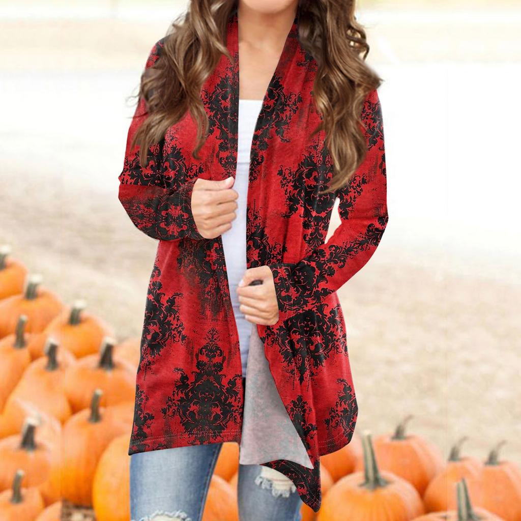 Женский модный повседневный кардиган средней длины с принтом на Хэллоуин, куртка, пальто