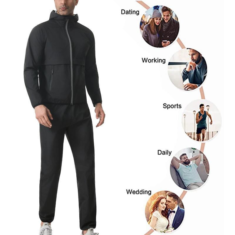 Men Hooded Sauna Sweat Suit Full Zipper Jacket Pants Set, Workout Body Shaper for Running Gym Training