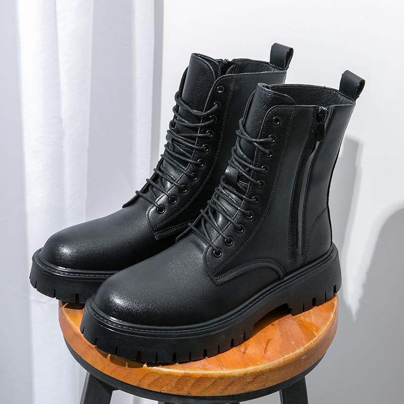 Men PU Solid Color Thick Soled Round Toe High Top Lace Up Motorcycle Cowboy Boots Fashionable Comfortable Men Boots