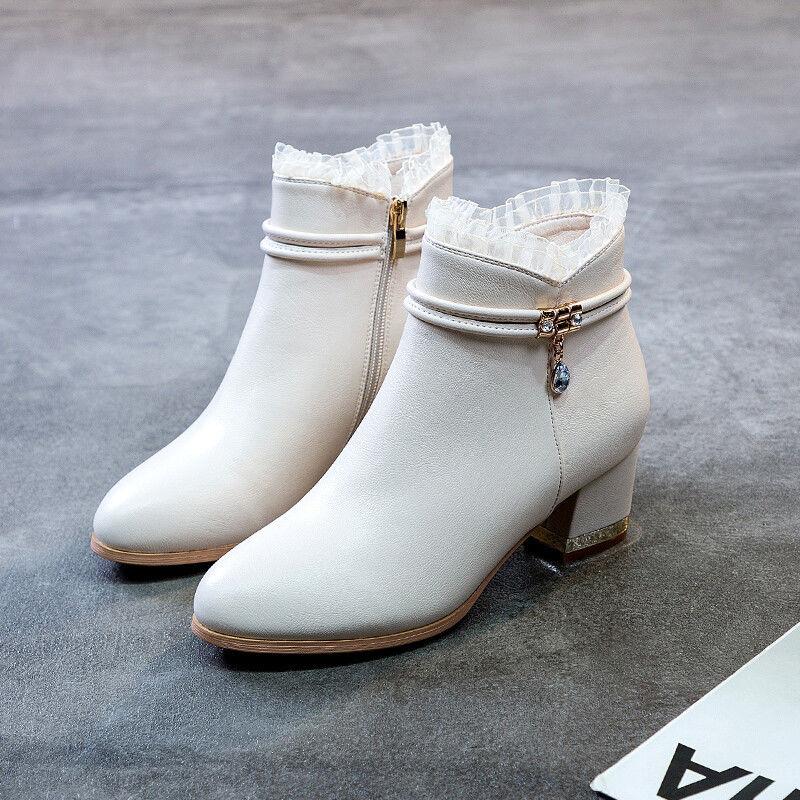 Модные Осенне-Зимние Элегантные Женские Короткие Ботинки на Среднем Каблуке Кожаные Водонепроницаемые с Круглым Носком Женские Ботильоны Распродажа Новинка в Ботильонах