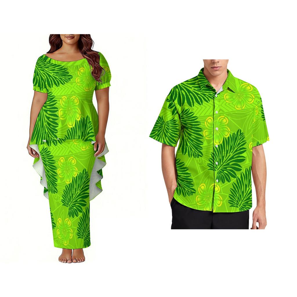 Custom Polynesian Bubble Short Sleeve Long Dress Lady Puletasi Dress Match Plus Size Men Stiff Neck Shirt Sets off Couples 2pcs