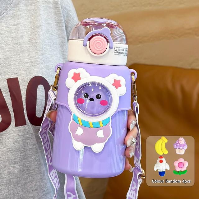 550ML Cute Cartoon Bear Thermos Water Bottle Straw Thermal For Kids Girs Portable School Stainless Steel Themo Insulation Cup