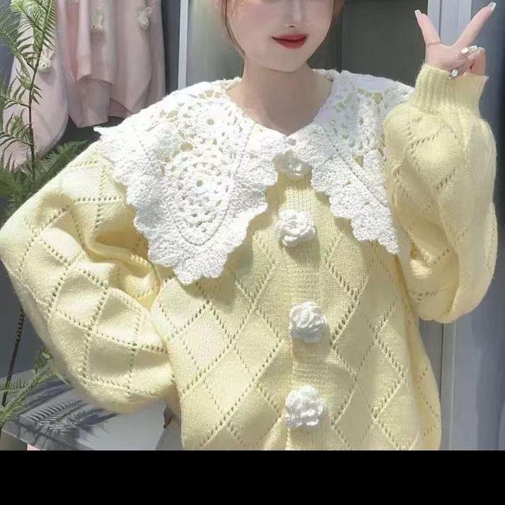 Кардиган свитер женский трехмерный цветок вязаный кружевной вышивкой кукольный воротник свободный милый корейский свитер кардиган