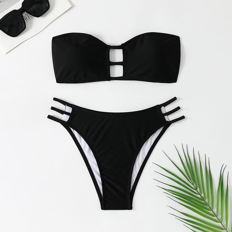 Сексуальный комплект бикини из 2 предметов без бретелек с вырезами, однотонный женский раздельный купальник, пляжное бикини, новинка летней коллекции купальников, комплект бикини