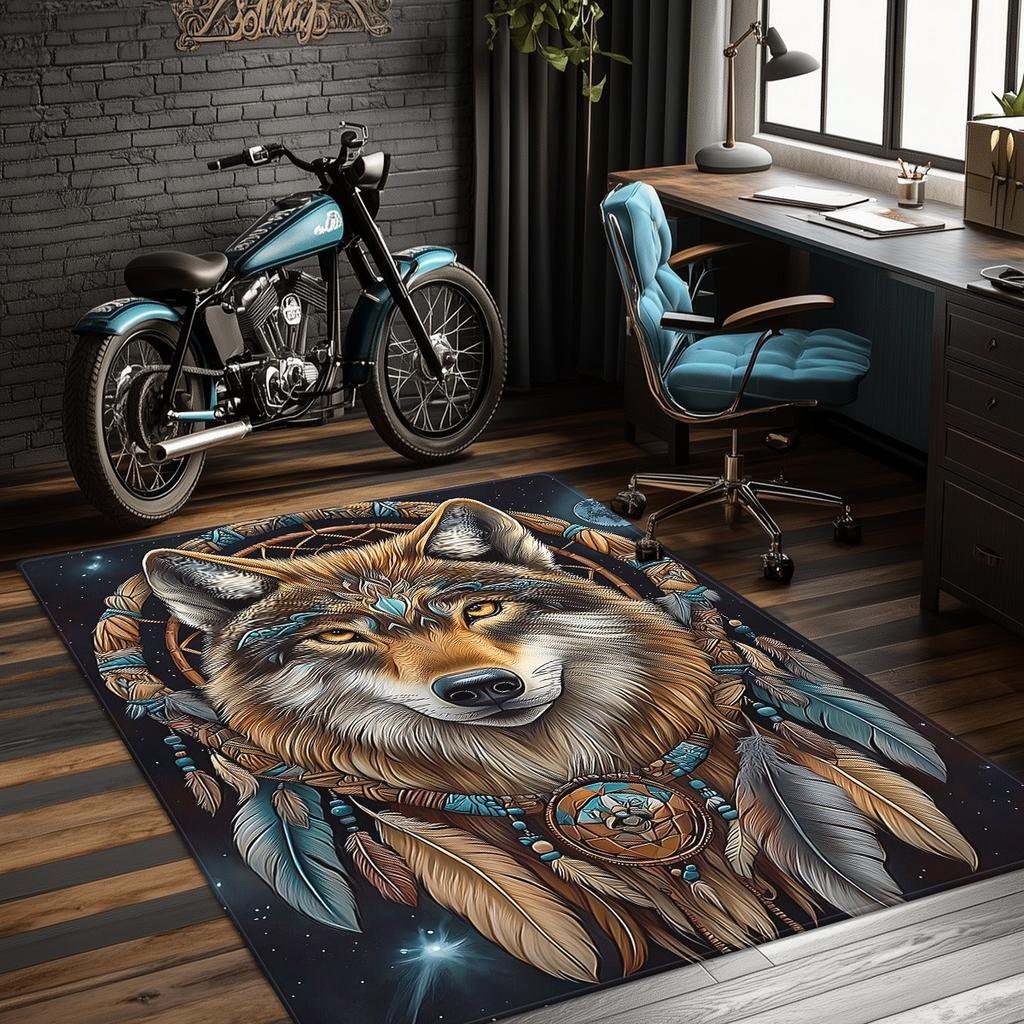 Wolf Dreamcatcher Tribal Art Crystal Velvet Rug Native American Style Gaming Room Floor Mat Spiritual Decor Cool Indoor Carpet