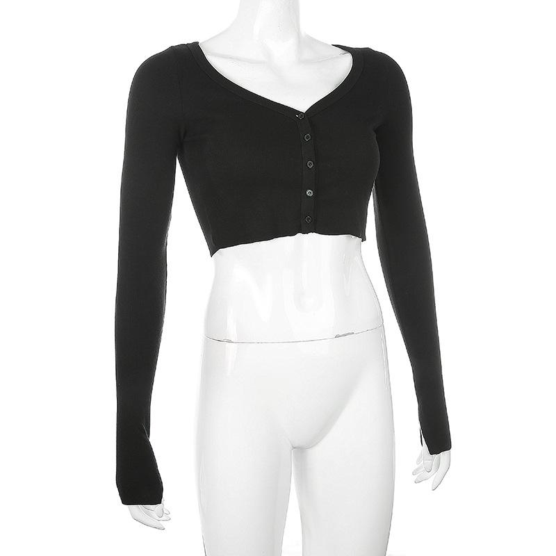 Women V-neck Solid Color Loose Knitted Cardigan Long Sleeved Crop Top