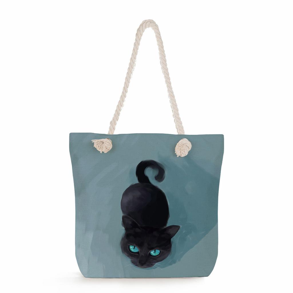 Cat print thick rope single-shoulder beach bag 7215 KTB