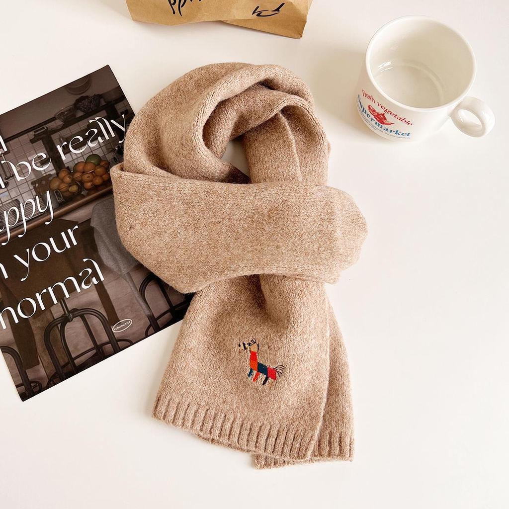 2024 Autumn/Winter Korean Knitted Wool Scarf - Women's Warm, Thick, Embroidered Design