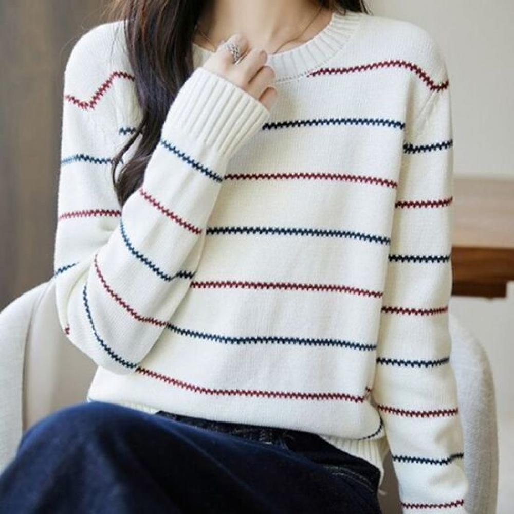 Navava Nk3593 Striped Line Point Round Neck Long Sleeve Knit Top