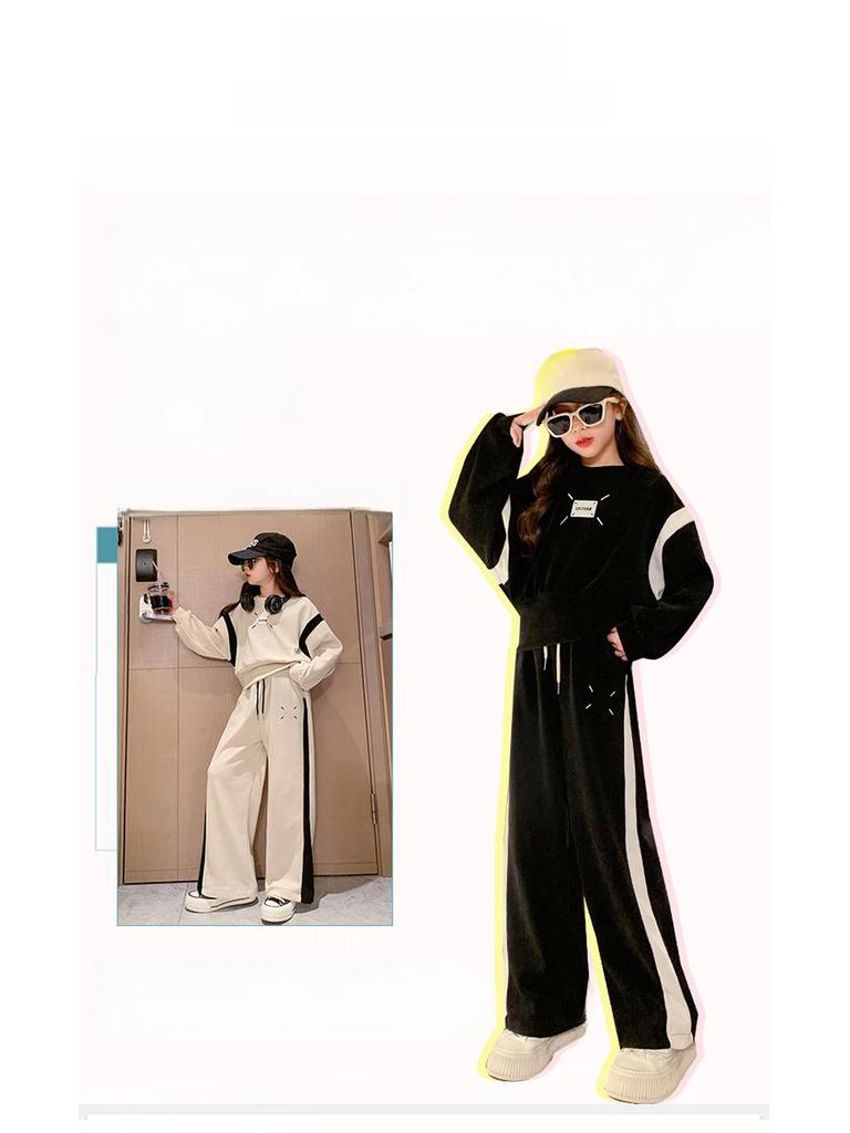 Модный комплект из двух предметов для девочек весна/осень: Стильная короткая толстовка и широкие брюки