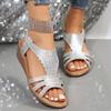 Женские сандалии-гладиаторы со стразами, летние туфли на танкетке с открытым носком для женщин, Нескользящие пляжные сандалии с эластичной лентой, Sandalias De Mujer