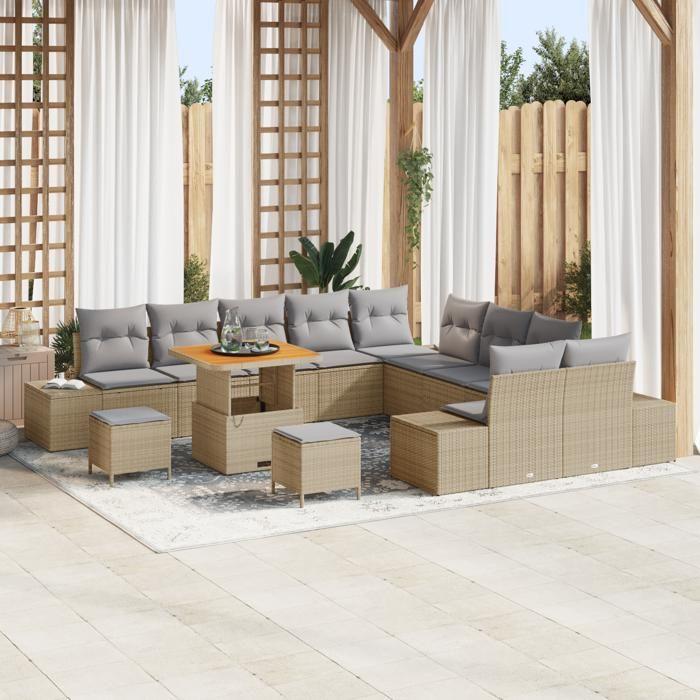 VidaXL Ensemble de canapé de jardin 13 pcs Beige Poly rotin, Set de jardin, mobilier en rotin modulable, pieds réglables, 3362842