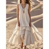 Retro Solid Cotton Linen Pleated Long Dress Woman Spring Fashion V Neck Loose Maxi Dress Summer Sleeveless Tank Boho Beach Dress