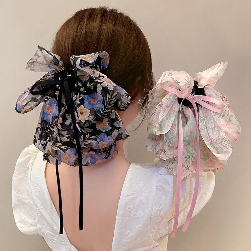 Korean Style Bow Ribbon Hair Claw Headwear Bowknot Hairpin Chiffon Flower Hair Clip Girls