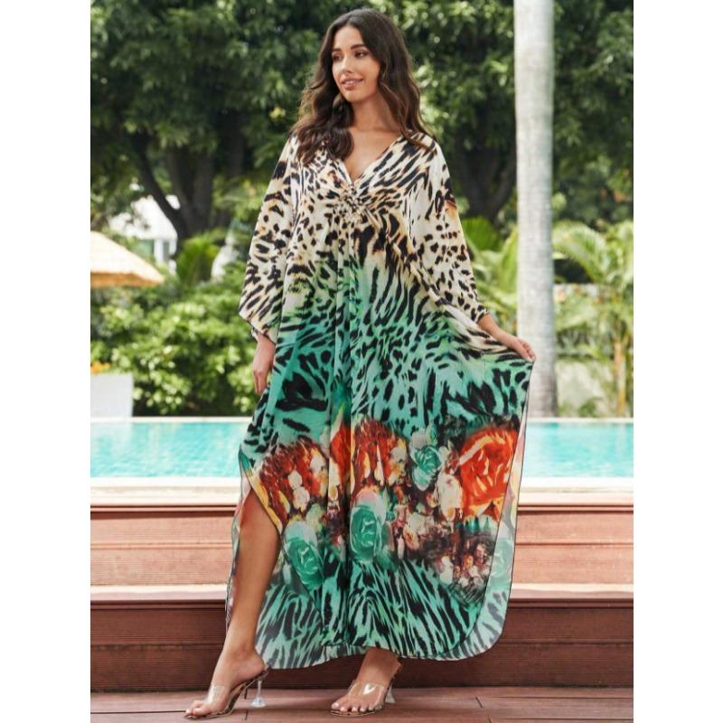 Женская мода весна осень цветные блоки принт длинный рукав V-образный вырез свободная талия повседневные платья