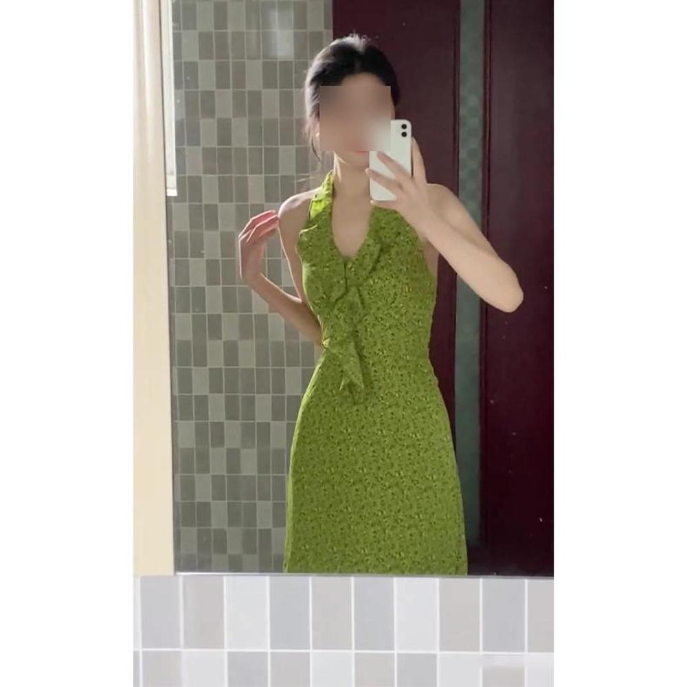 Французское зеленое платье с V-образным вырезом, рюшами и цветочным декором по горловине, нежный темперамент, облегающее талию платье-годе с разрезом на бедре