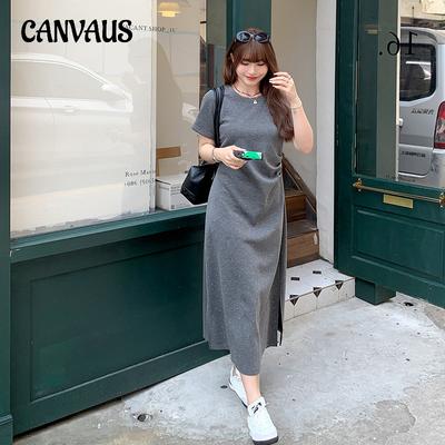 Летнее женское платье-футболка большого размера, плиссированное платье с талией, платье трапециевидной формы с разрезом